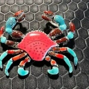 Crab Brooch Red and Aqua 18K White Gold Plated